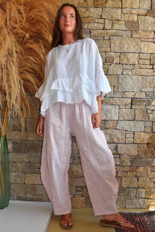 Sundaze Cheesecloth Chalk Stripe Classic Barrel Pant Rose